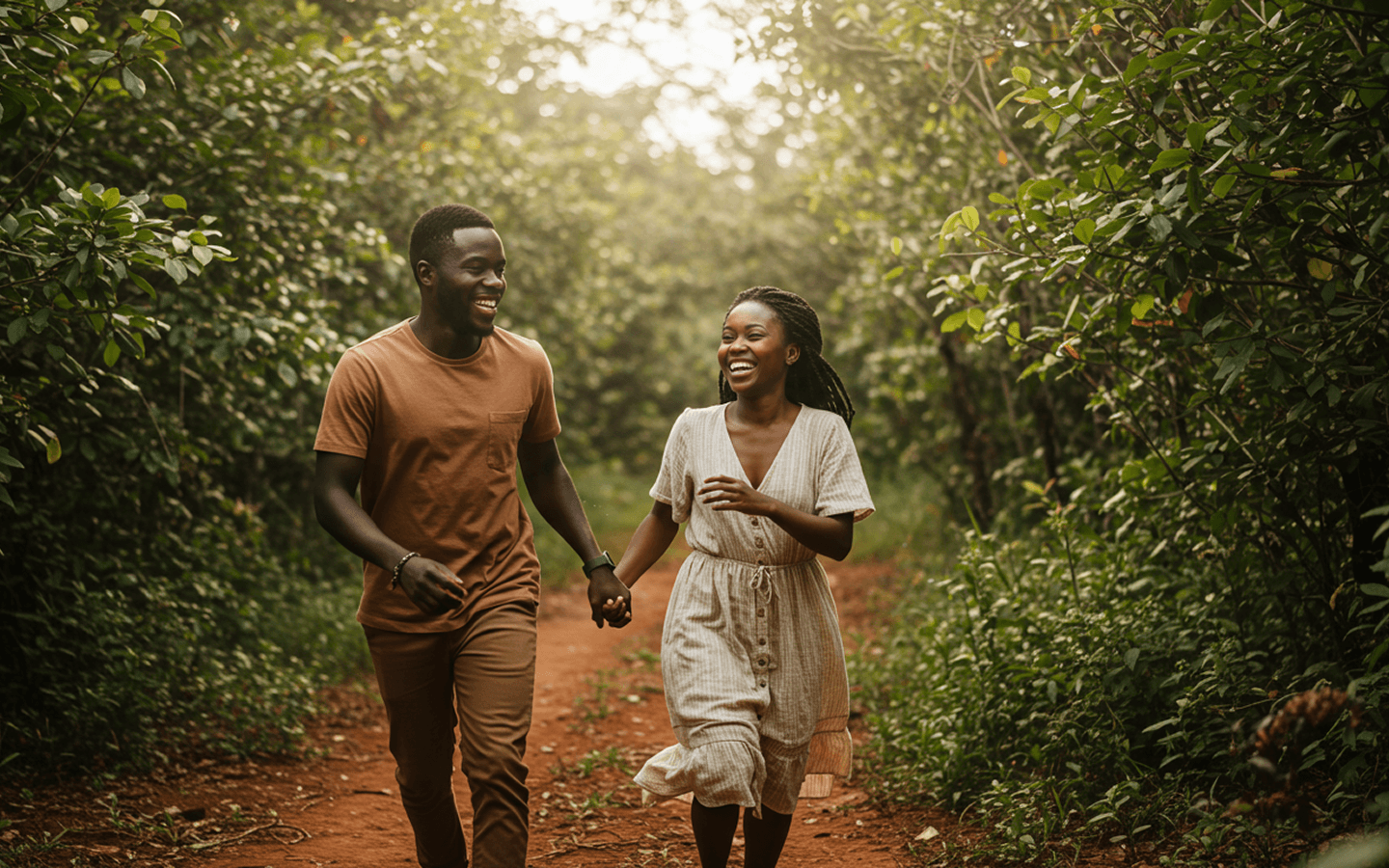 Couple walking hand in hand on a forest path