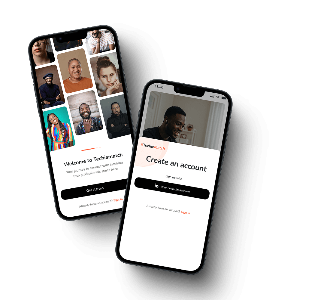 TechiesMatch onboarding screens — welcome carousel and create-account screen